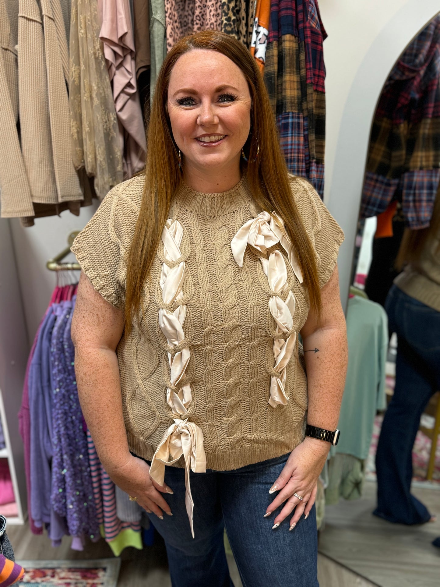 Taupe Cable knit bow sweater