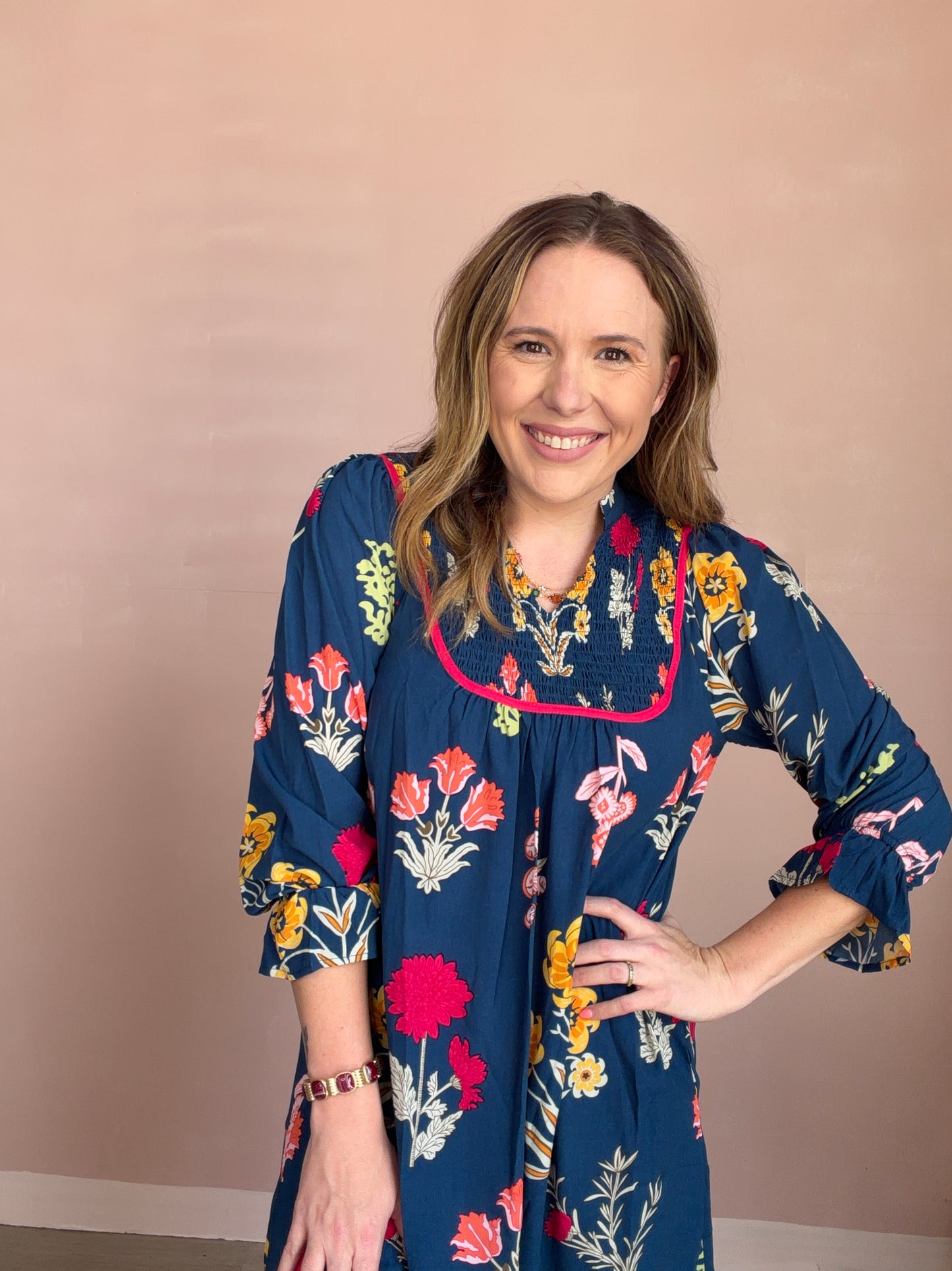 Navy Fall Floral Midi Dress