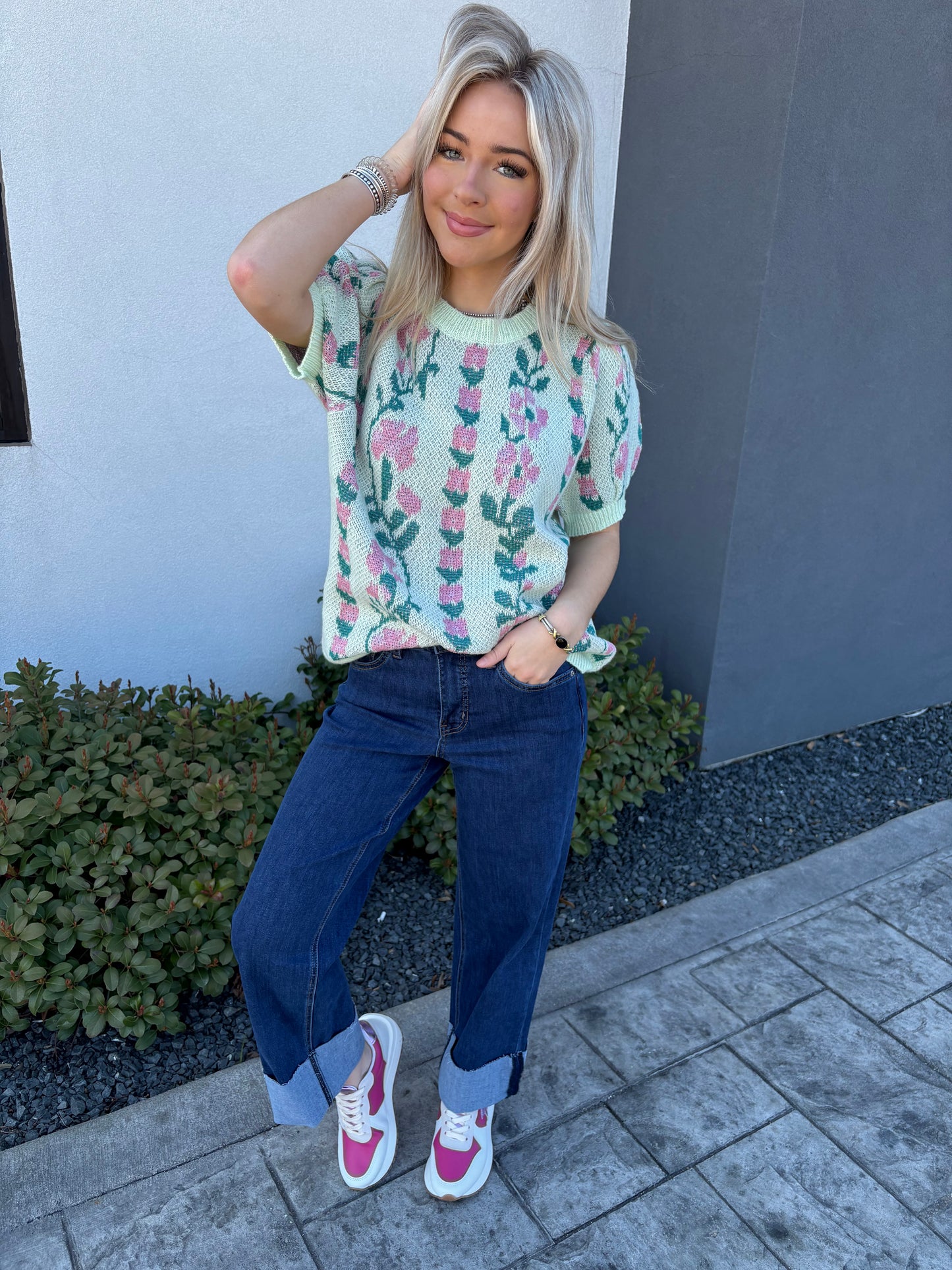 Mint & Pink Floral Sweater Top