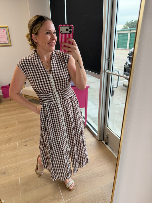 Brown Gingham Zip Front Midi Dress