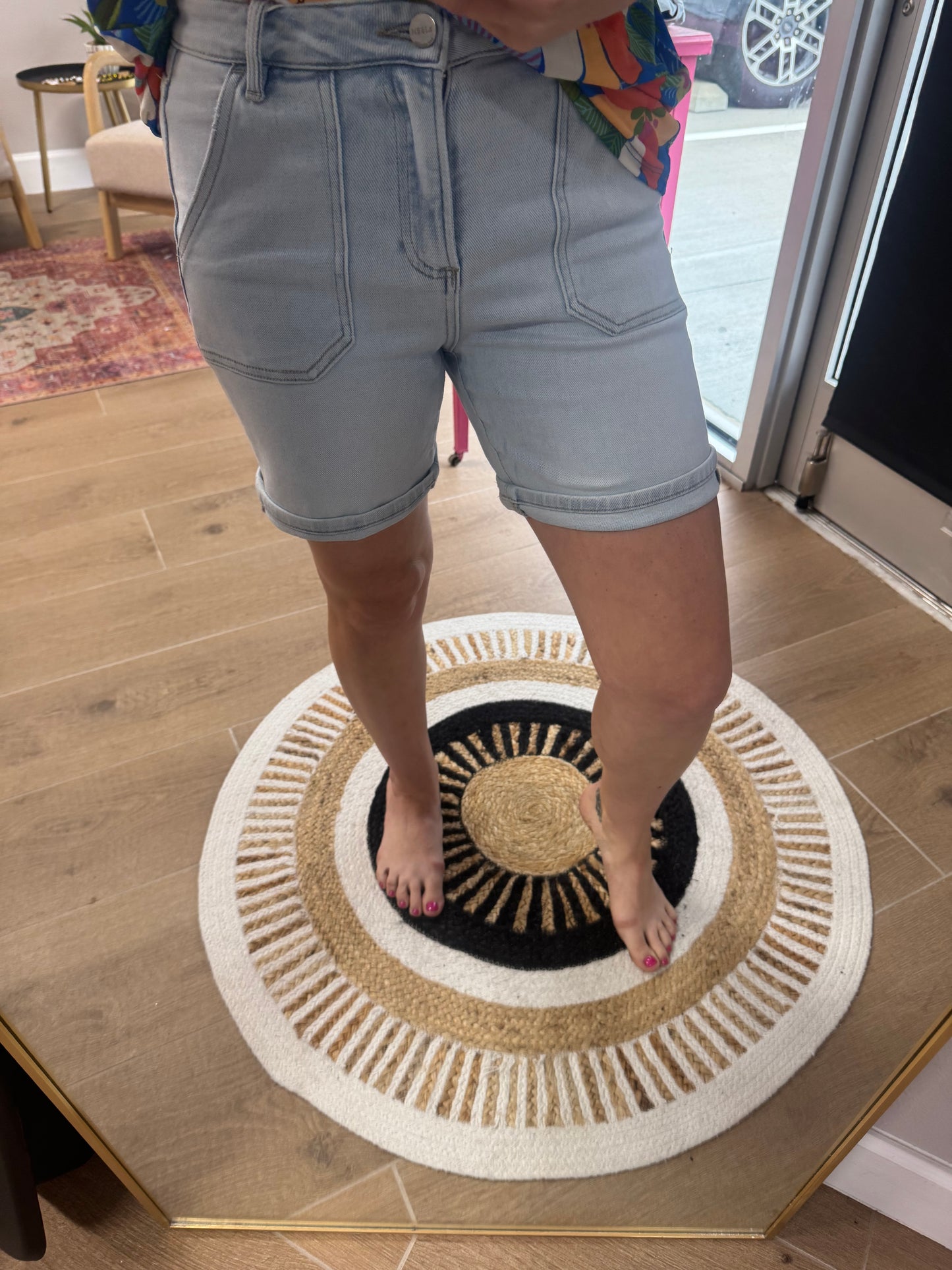Risen Light Wash Longer Denim Shorts