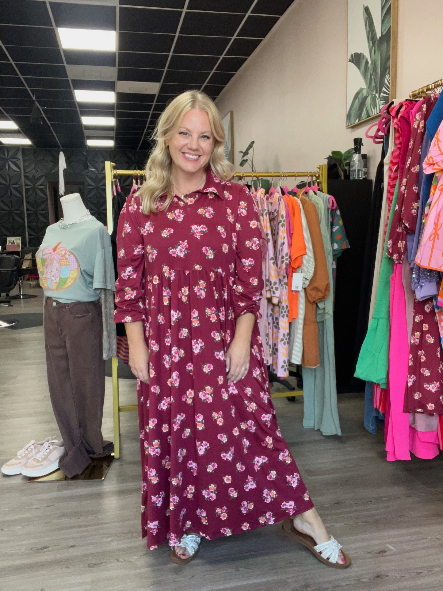 Sweet Harvest Floral Midi Dress – Plum