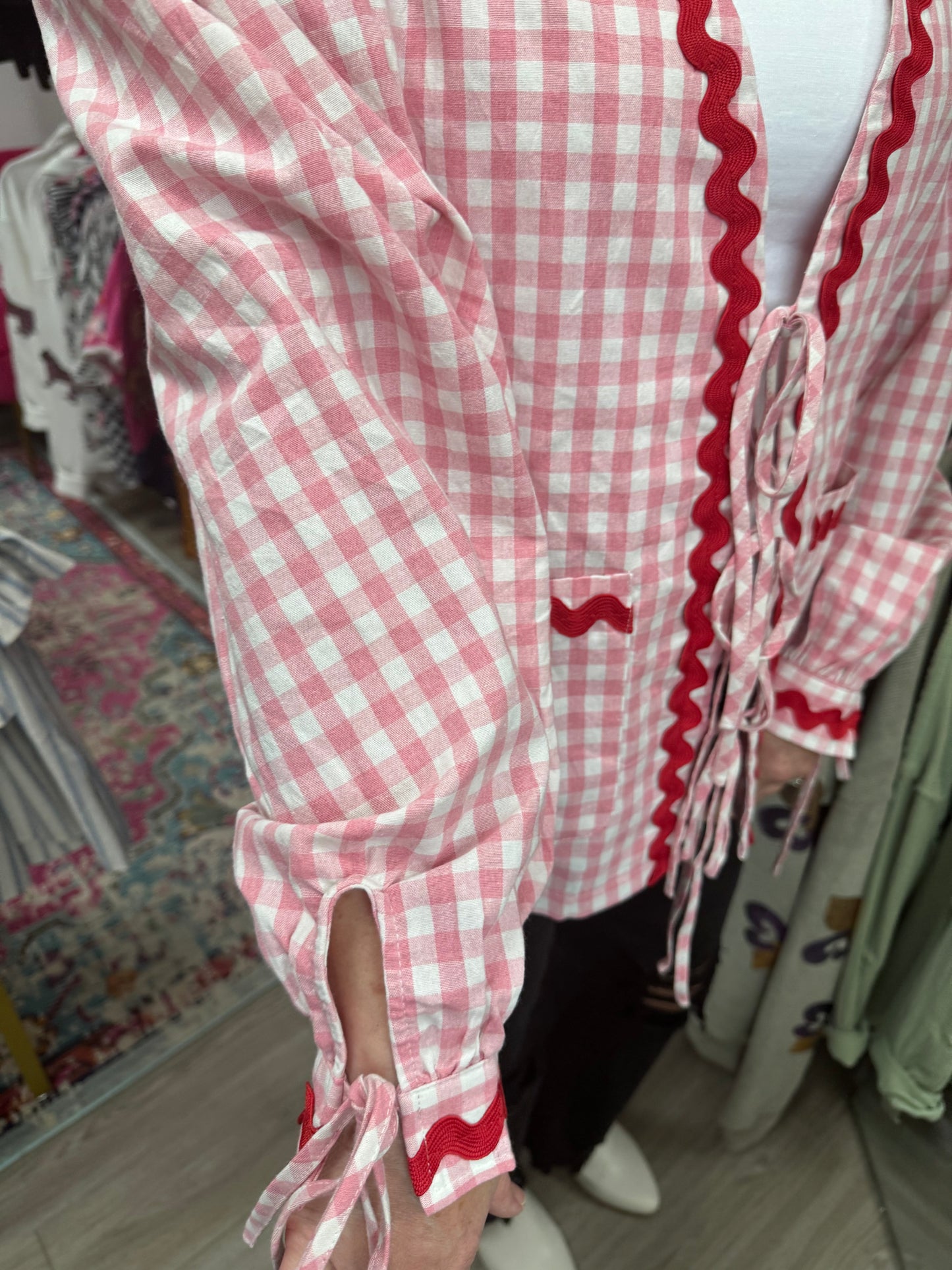 Pink & Red Checkered Front Tie Blouse