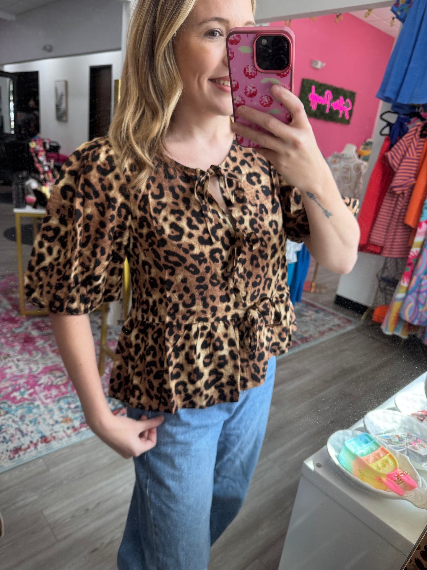 Leopard Front Tie Blouse
