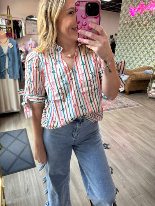 Multicolor Bow Stripe Tie Sleeve Top