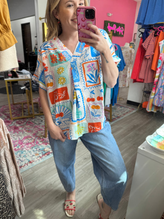 Orange & Blue Resort Print Blouse