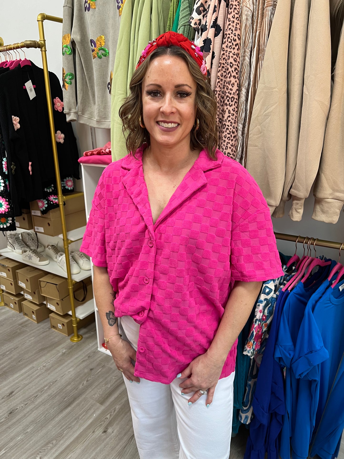 Bright pink textured button up