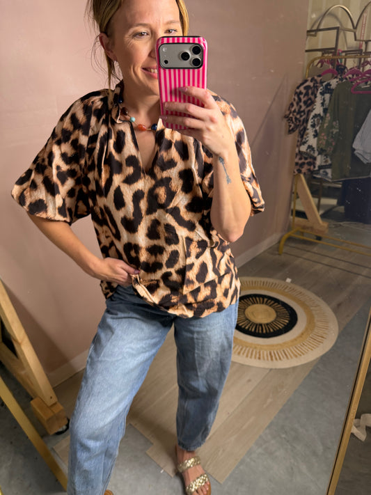 Leopard Print Flowy Short Sleeve Blouse