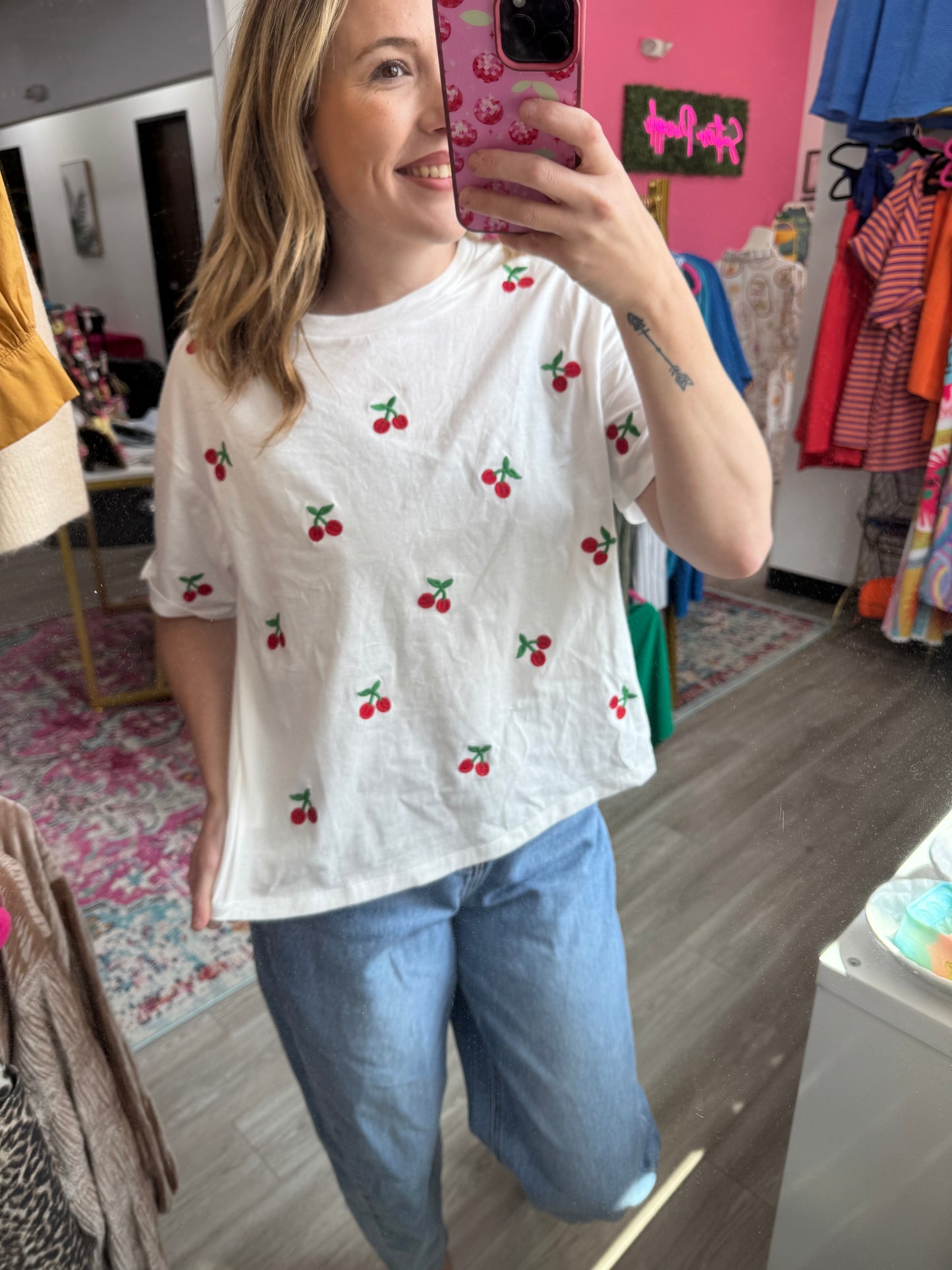 Embroidered Cherry White Tshirt