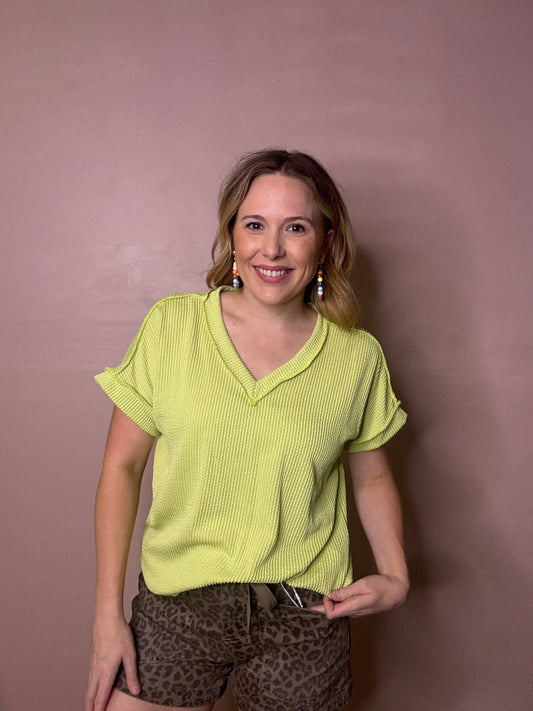 Ribbed Lime V-Neck Blouse | Boutique Summer Top