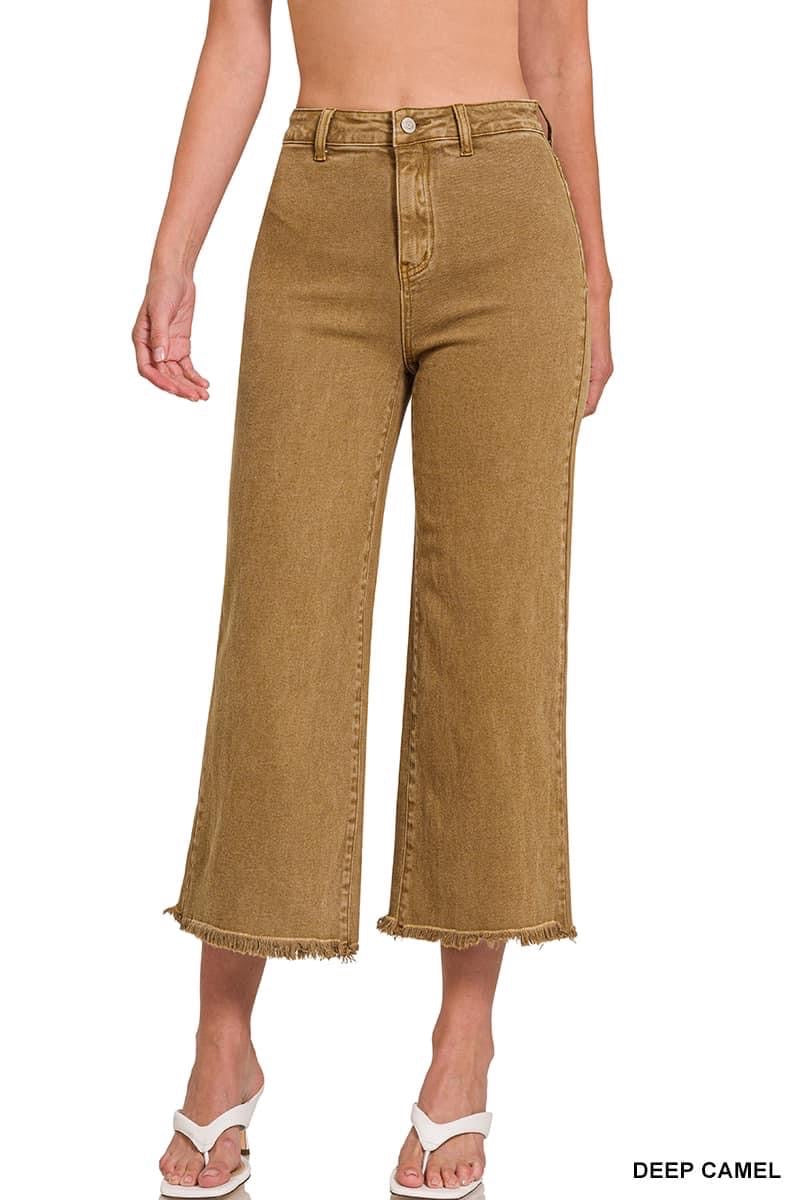 Frayed Hem Cropped Jeans - Camel