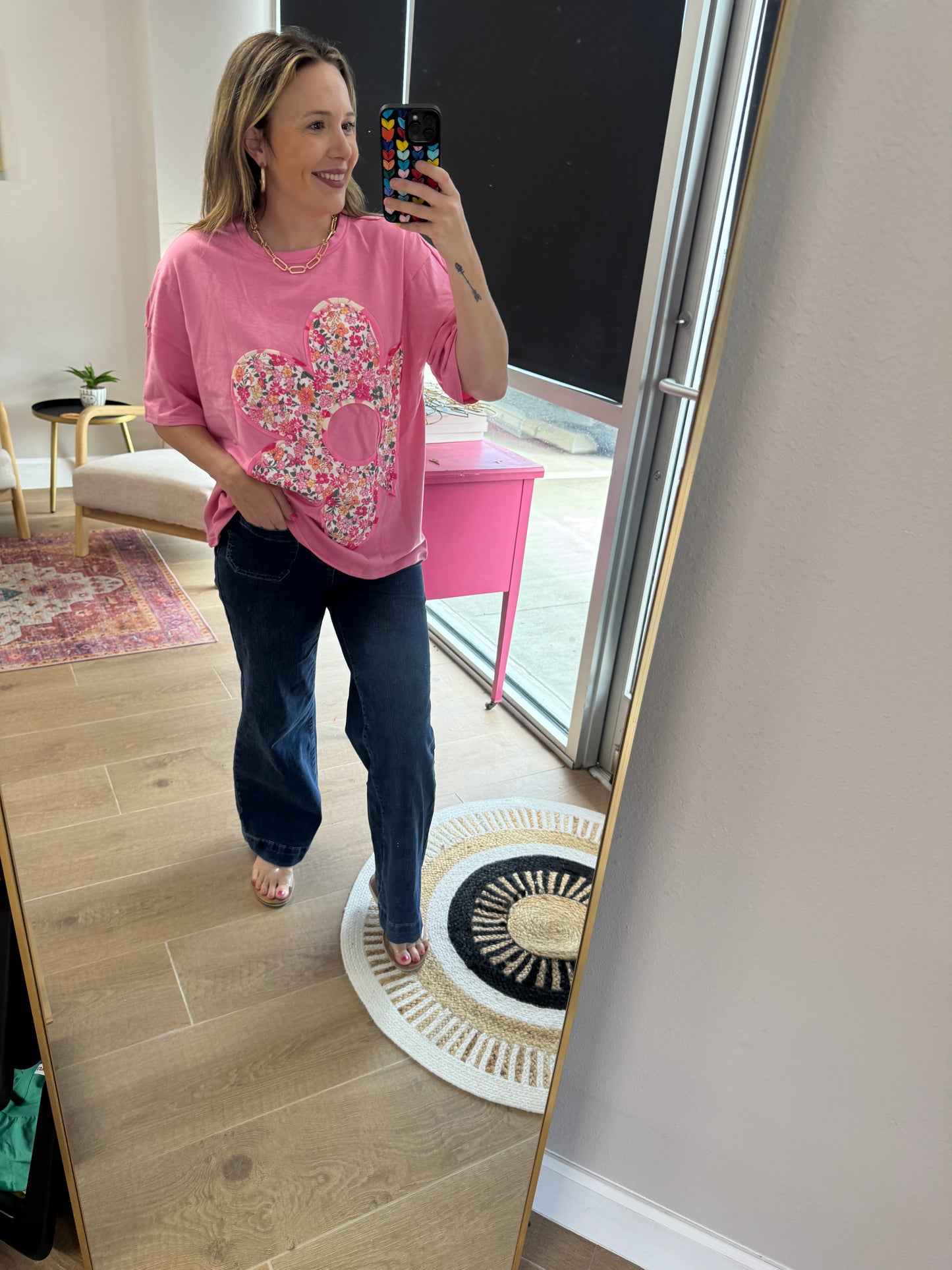 Pink Floral Appliqué Oversized Tee