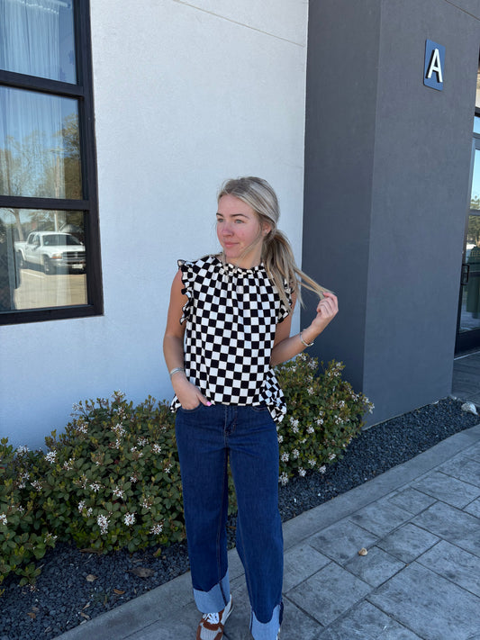 Black & White Checkered Ruffle Sleeve Blouse