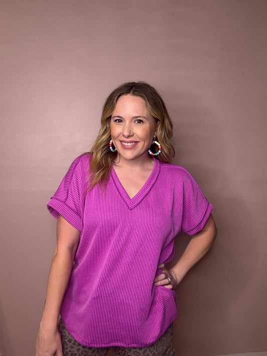 Ribbed Magenta V-Neck Blouse | Boutique Summer Top