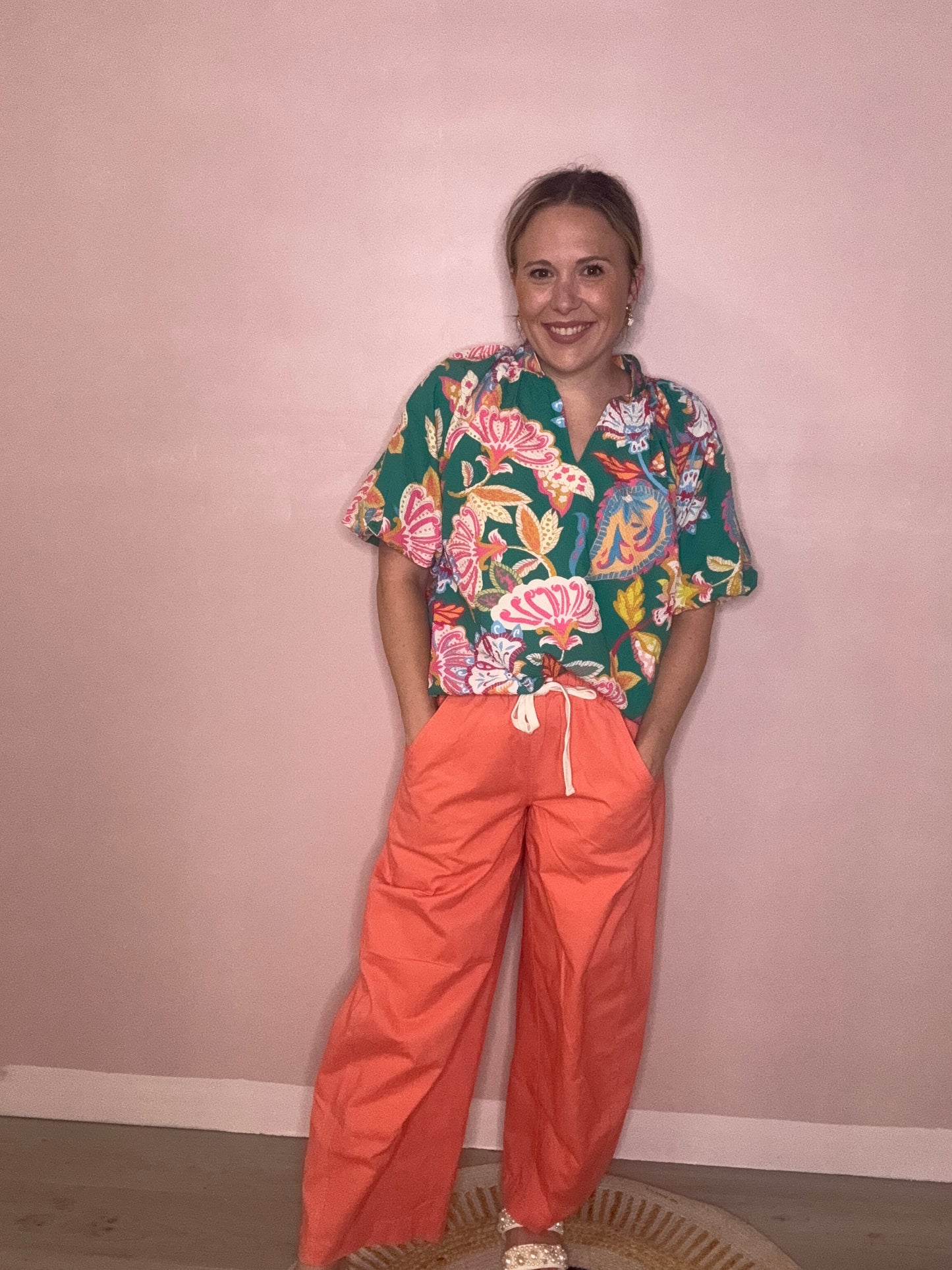 Coral Drawstring Wide Leg Pants