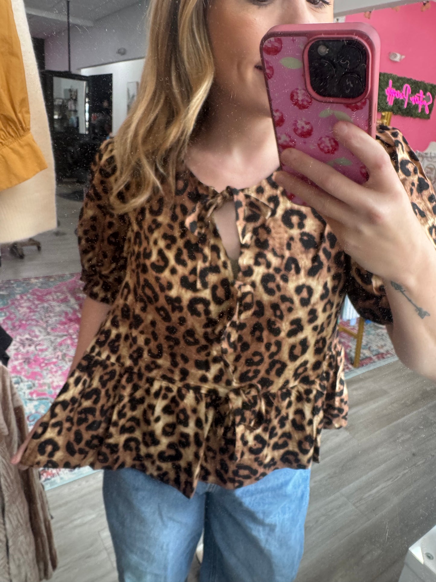 Leopard Front Tie Blouse