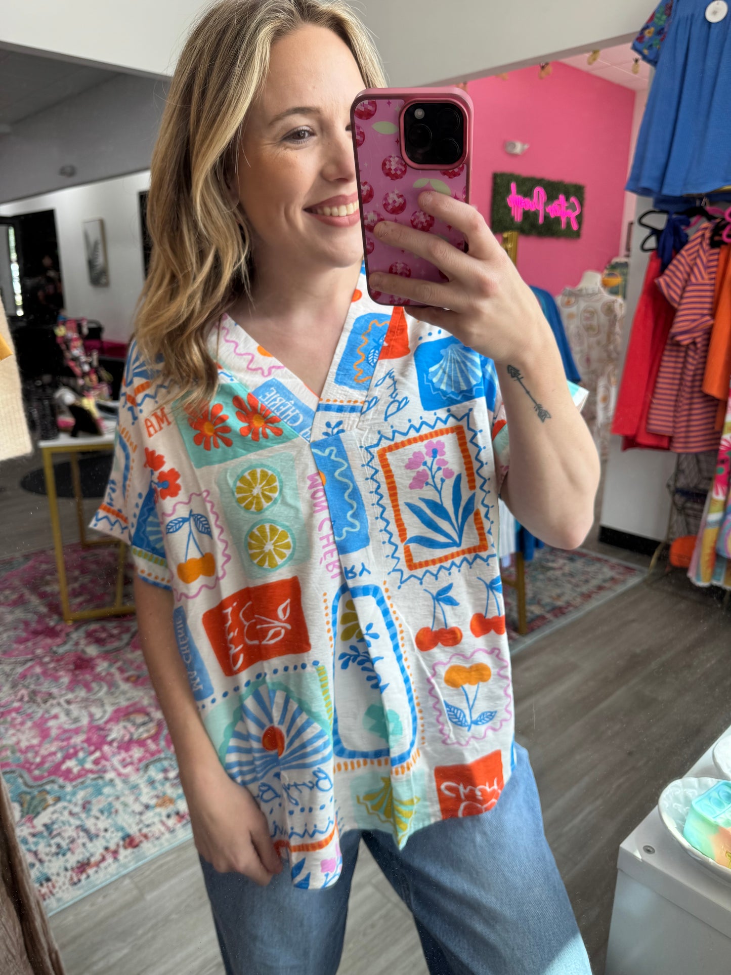 Orange & Blue Resort Print Blouse