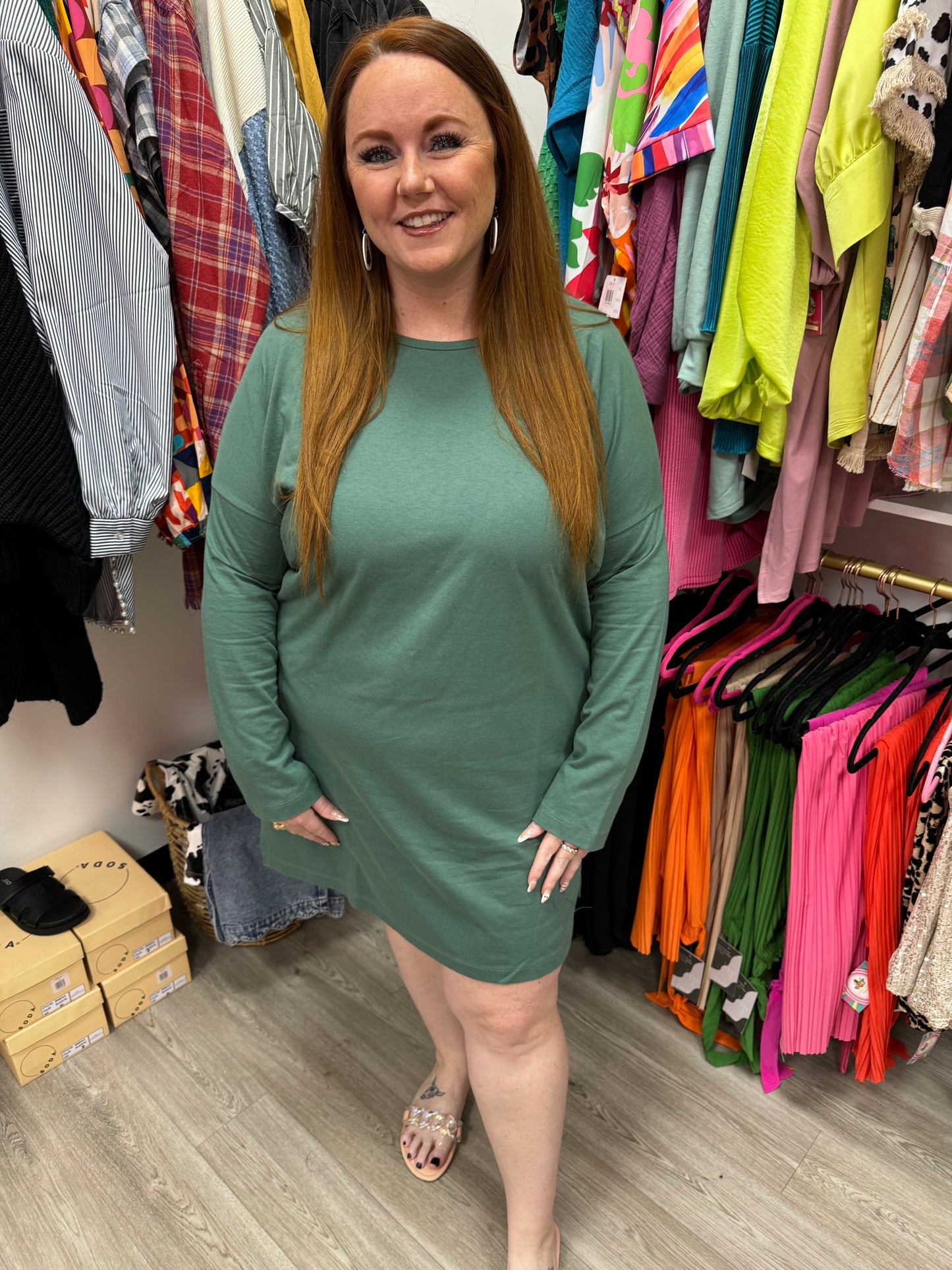 Long leeve oversized mini dress -hunter green