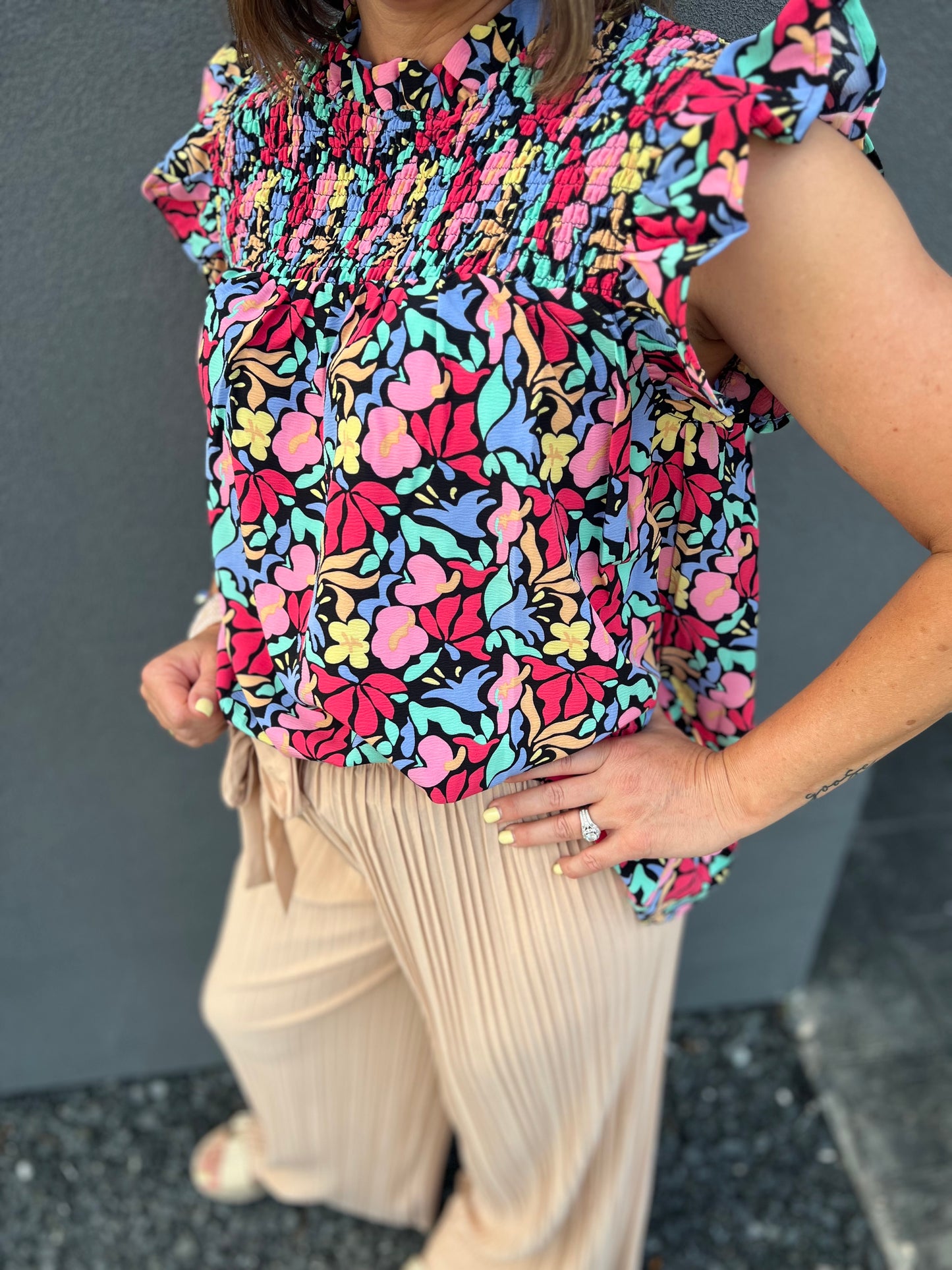 Floral Frenzy Ruffle Sleeve Blouse