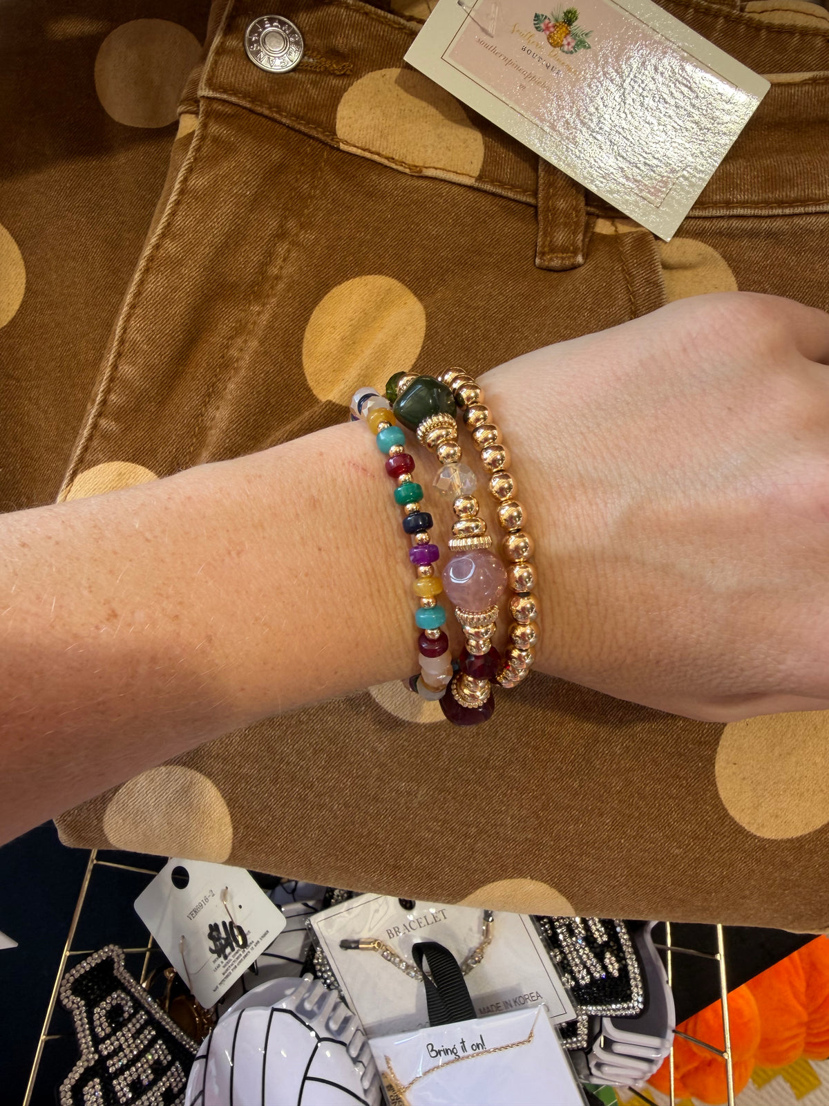 Multicolor Fall Beaded Bracelet Stack with Gold Accents