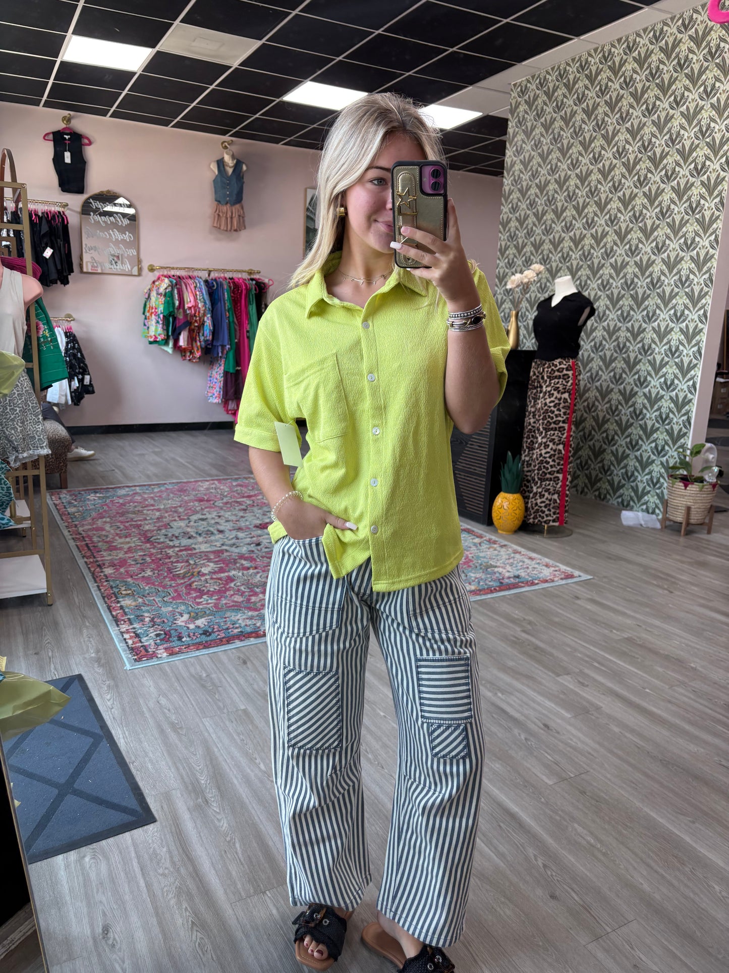 Lime Stretch Button-Up Blouse