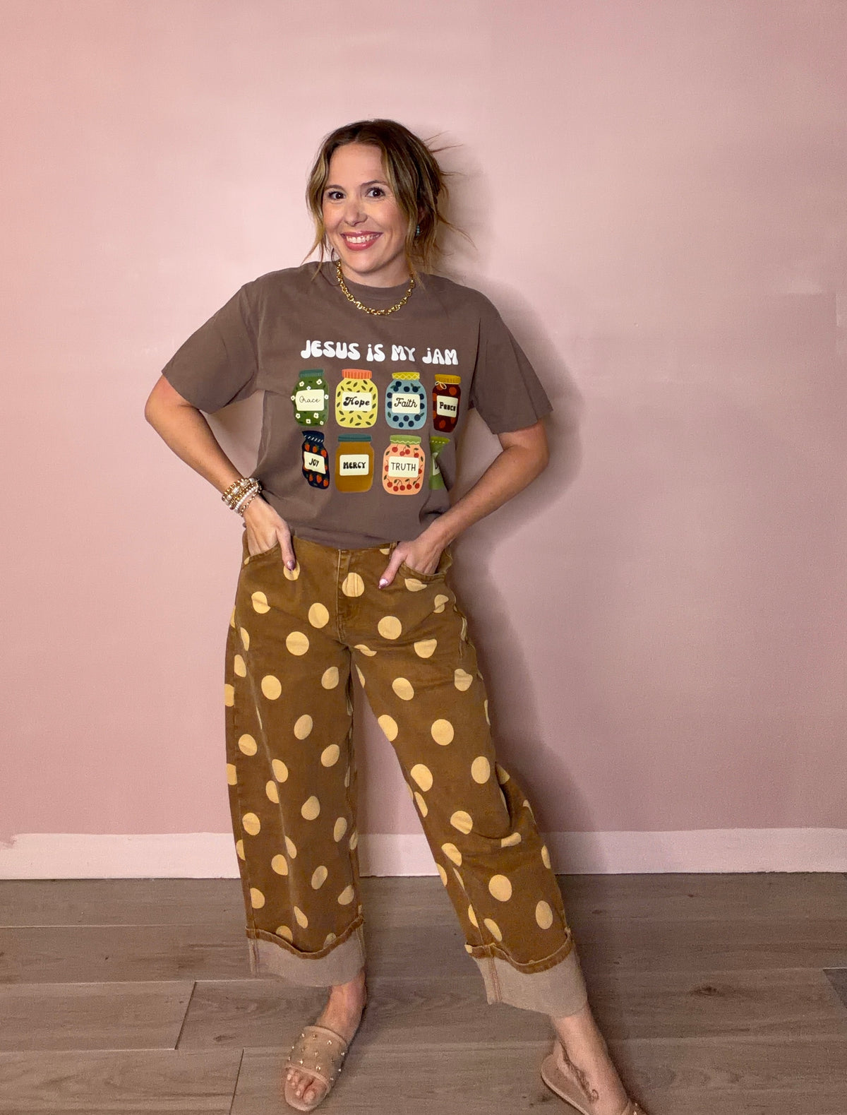 Camel Polka Dot Wide Leg Pants