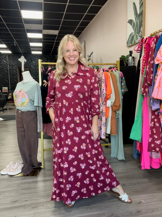 Sweet Harvest Floral Midi Dress – Plum