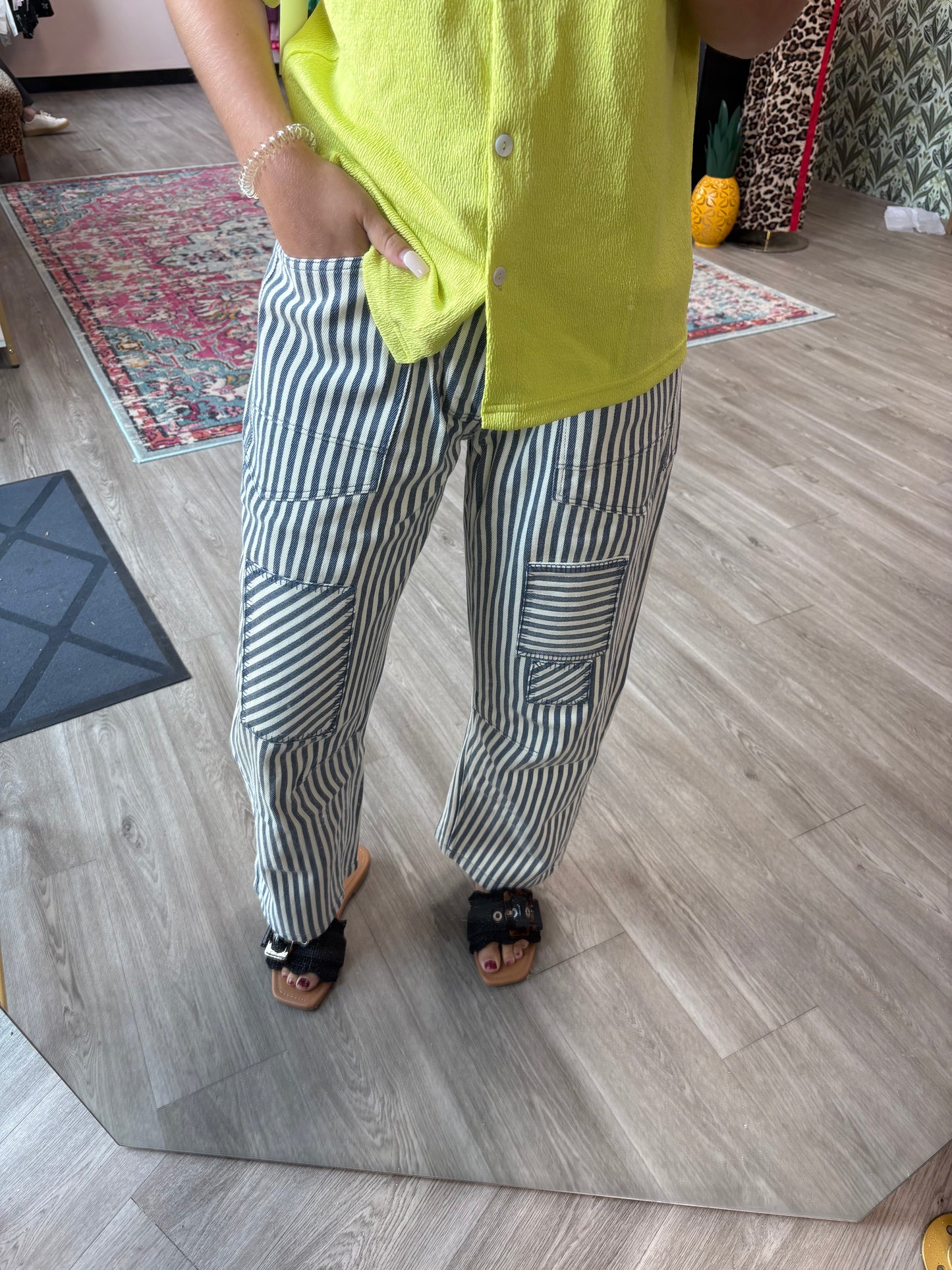 Navy Stripe Patchwork Wide-Leg Pants