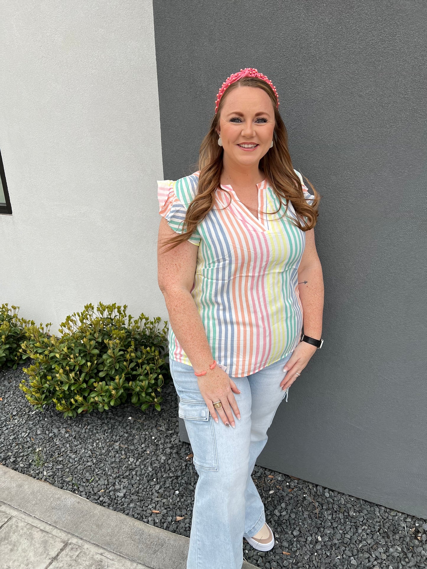 Pastel Striped Ruffle Sleeve Blouse