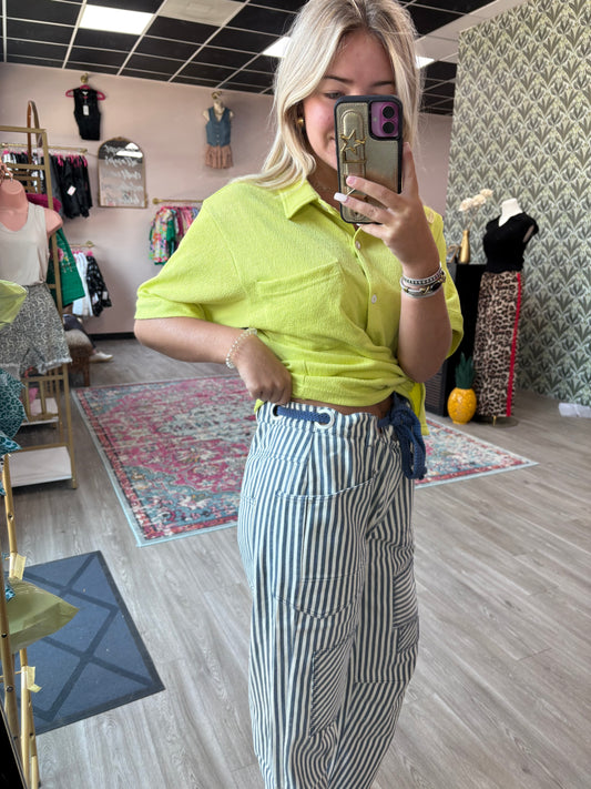 Navy Stripe Patchwork Wide-Leg Pants