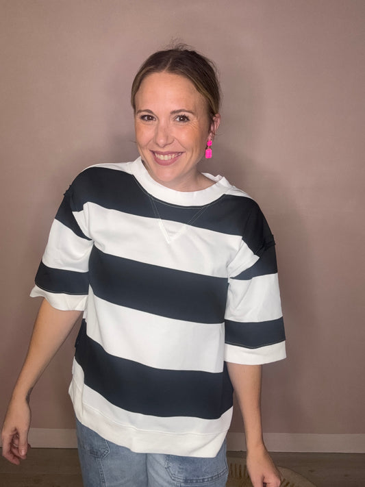 Black and White Striped Raw Hem Top