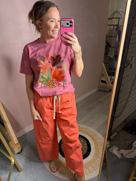 Fall Leaves Graphic Tee – Pink Autumn Leaf T-Shirt