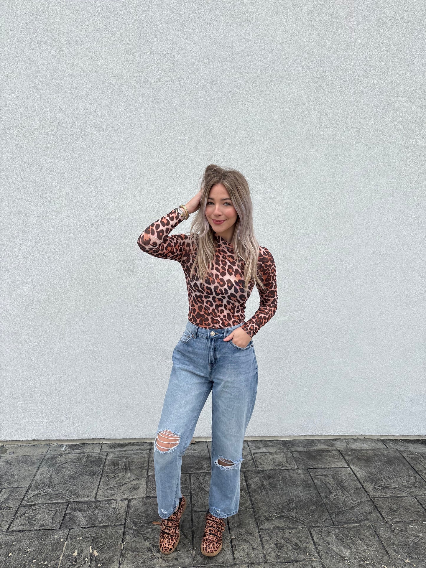 Wild Side Leopard Mesh Mock Neck Top