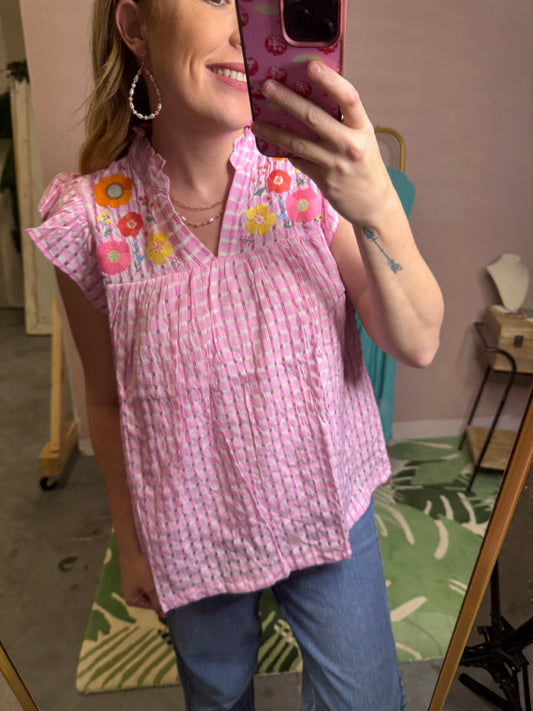 Pink Embroidered Gingham Blouse