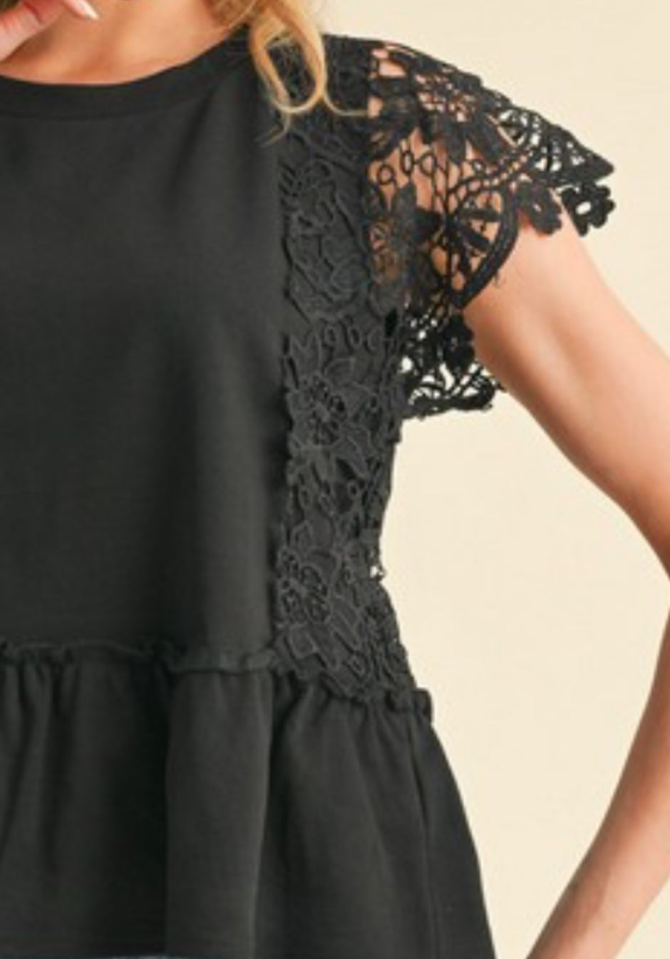 Luxe Lace Babe Top – Black Crochet Sleeve