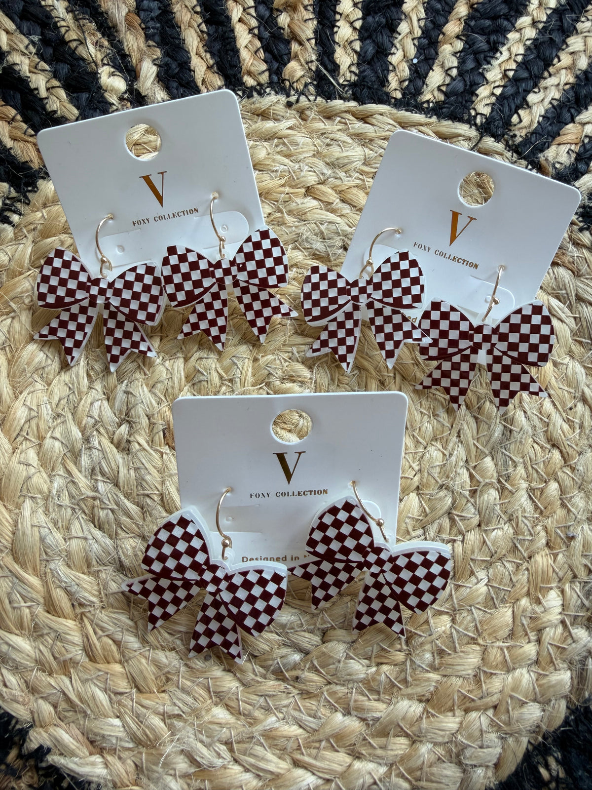 Maroon & White Checkered Bow Earrings