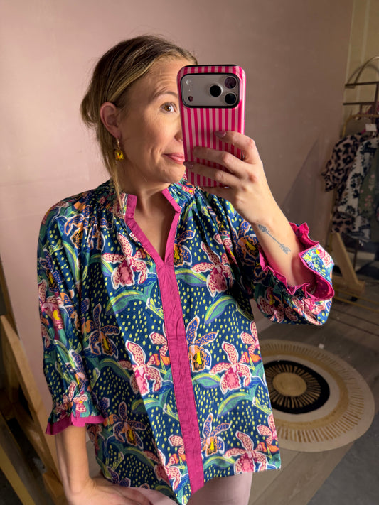 Blue Dot Floral Oversized Blouse with Pink Trim