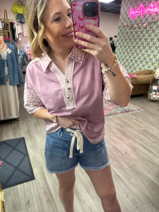 Mauve Floral Oversized Half Button Down Collared Knit Top