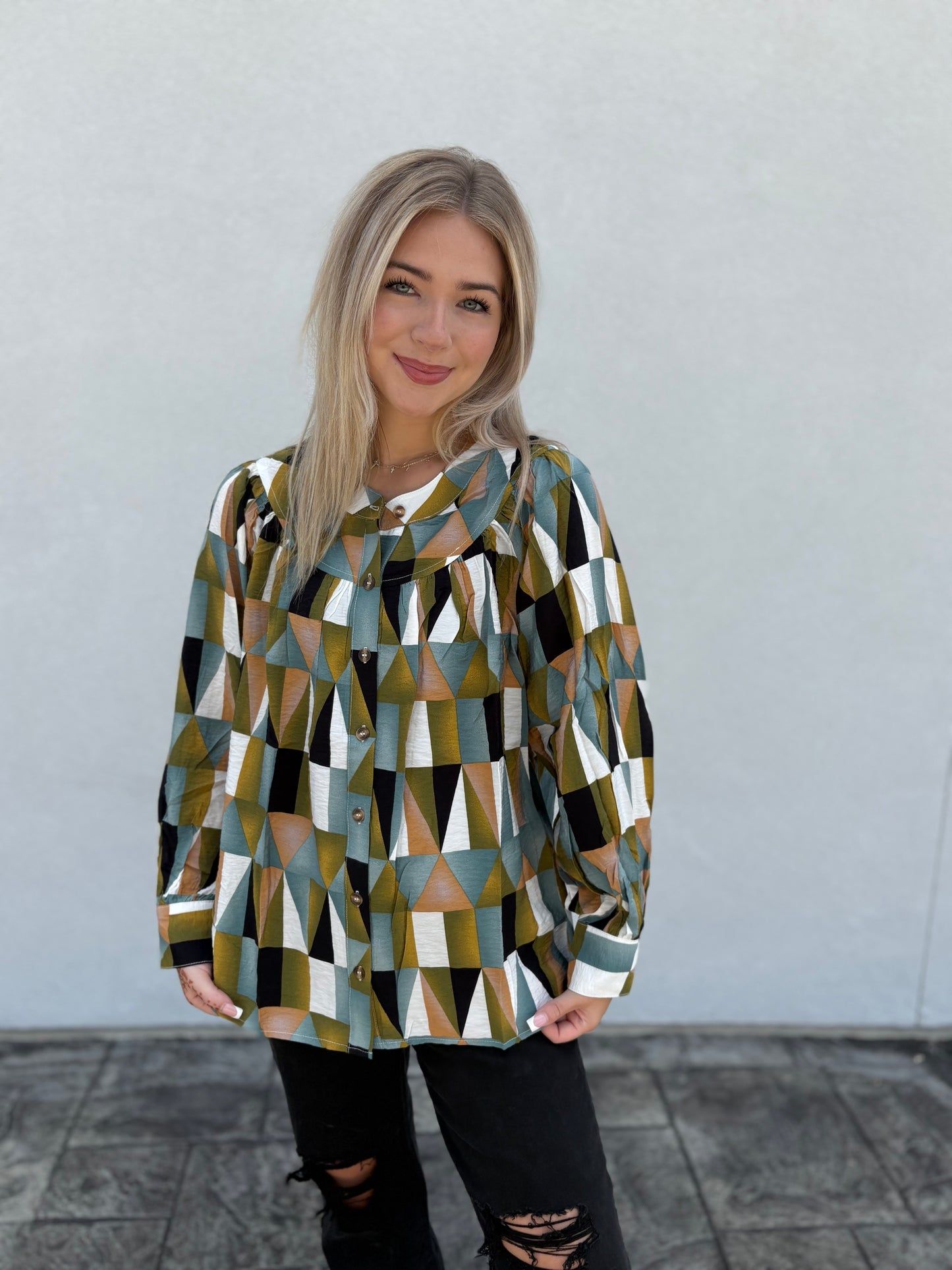 Geometric Balloon Sleeve Blouse