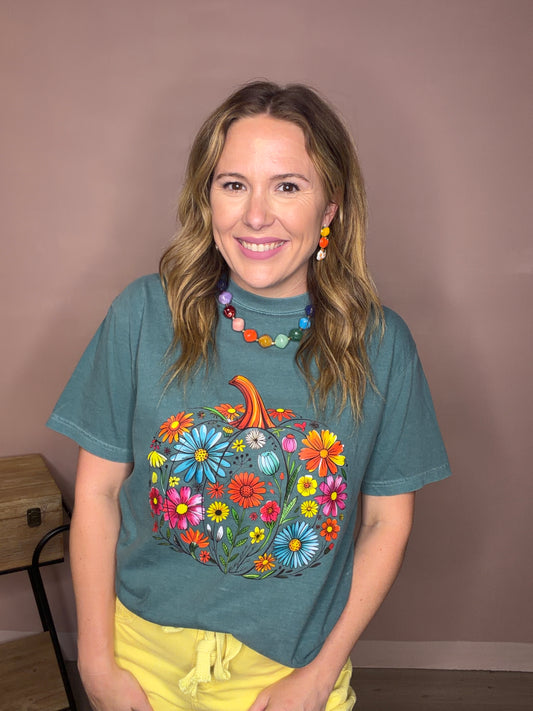 Colorful Floral Pumpkin Comfort Colors Graphic Tee