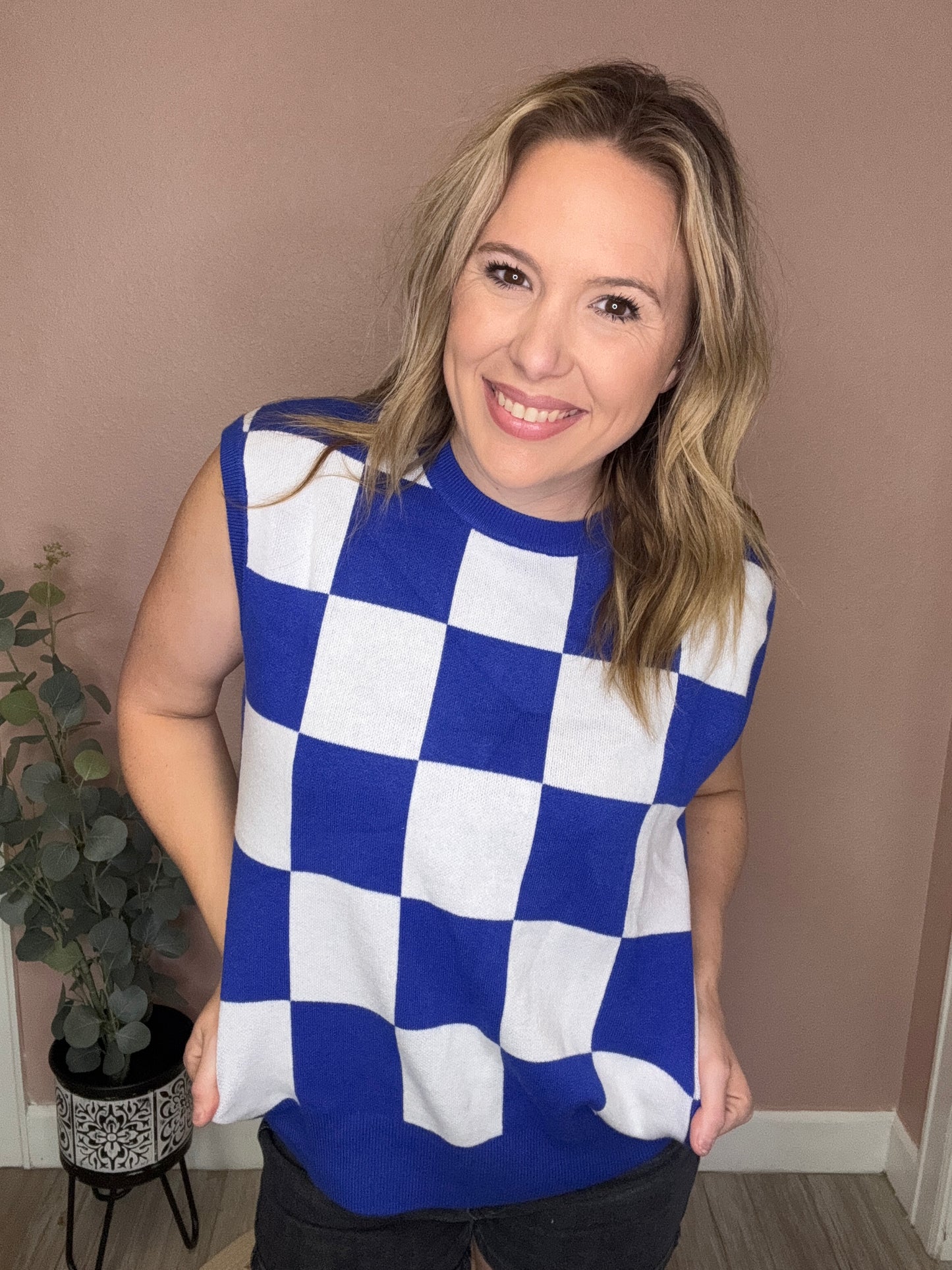 Bold Blue Checker Knit Vest