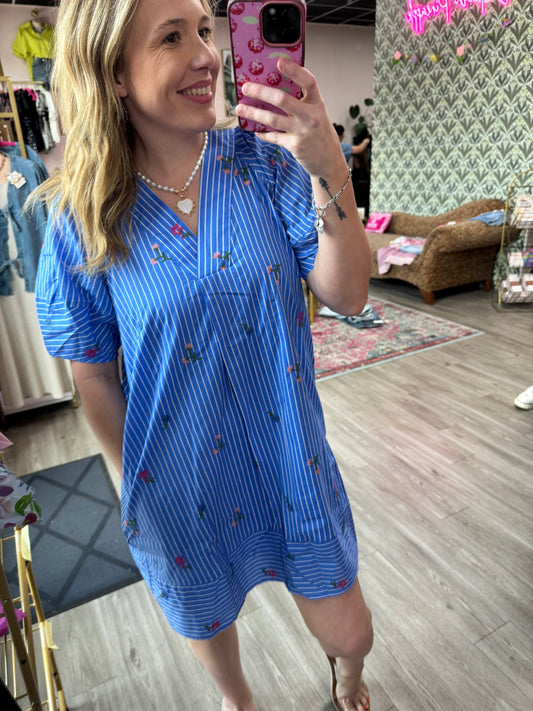 Blue Striped Embroidered Shift Dress