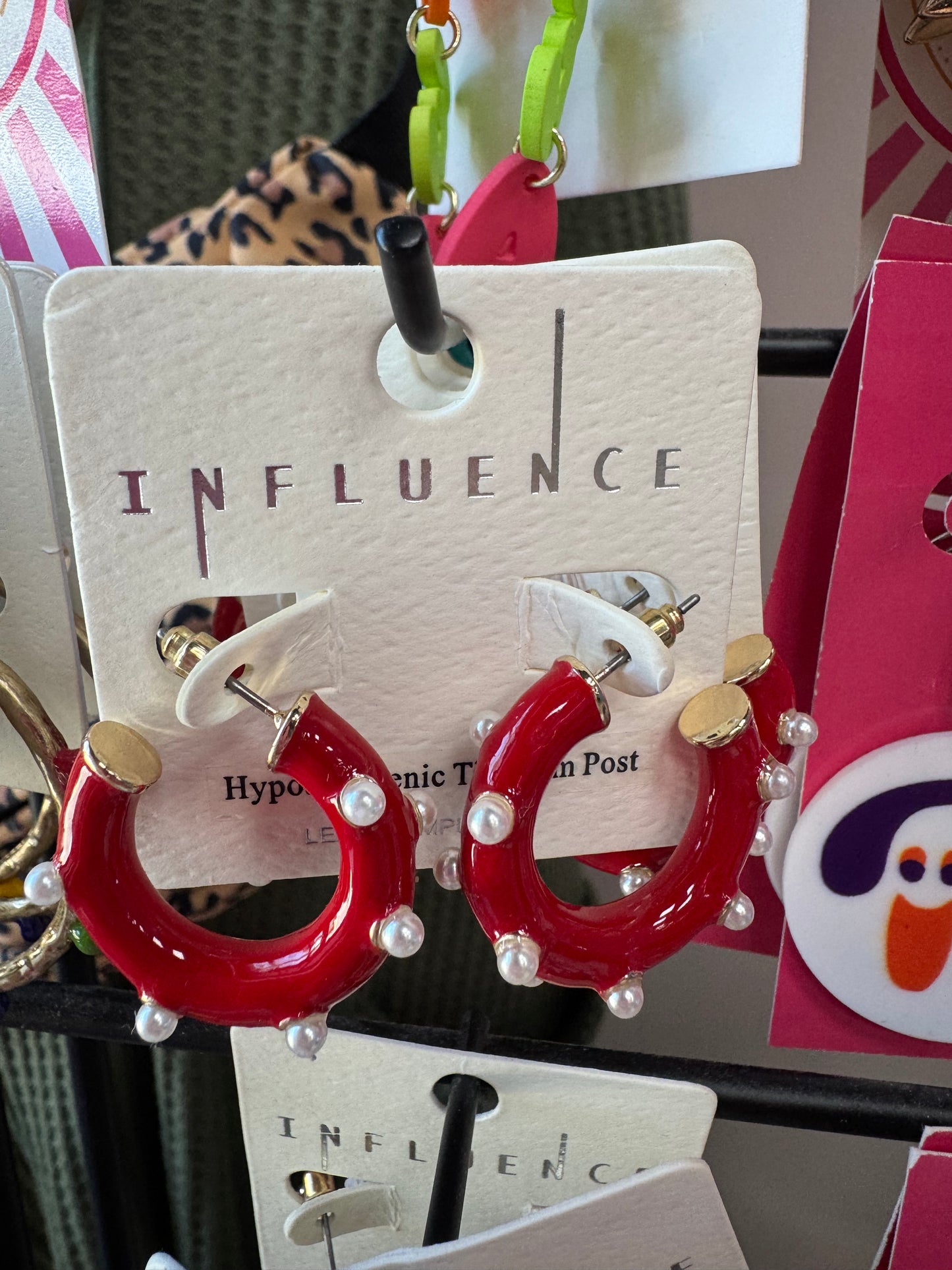 Red Enamel & Pearl Hoop Earrings