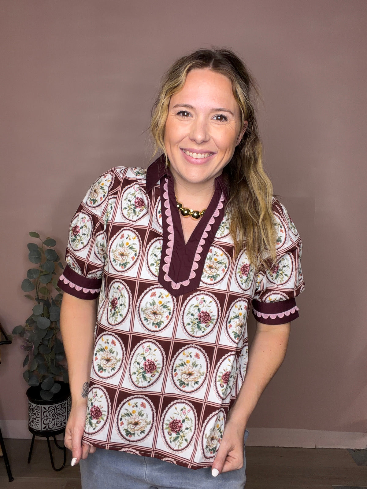 Burgundy Vintage Floral Puff Sleeve Blouse