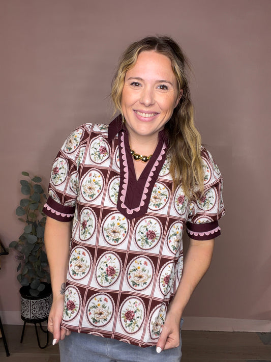 Burgundy Vintage Floral Puff Sleeve Blouse