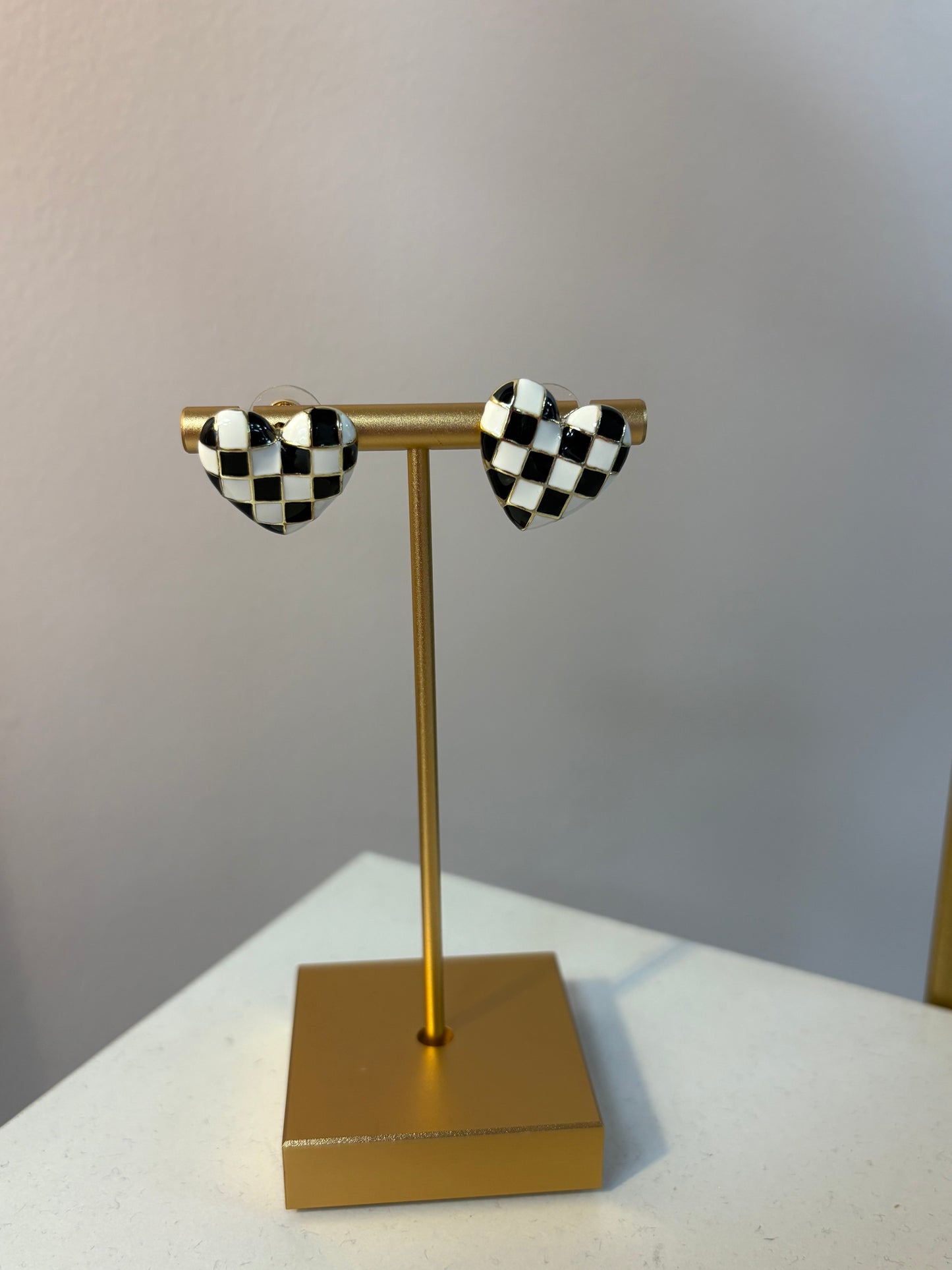 Black and White Checkered Heart Earrings