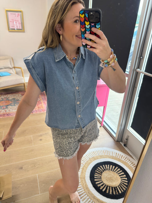 Sleeveless Denim Button Up Top