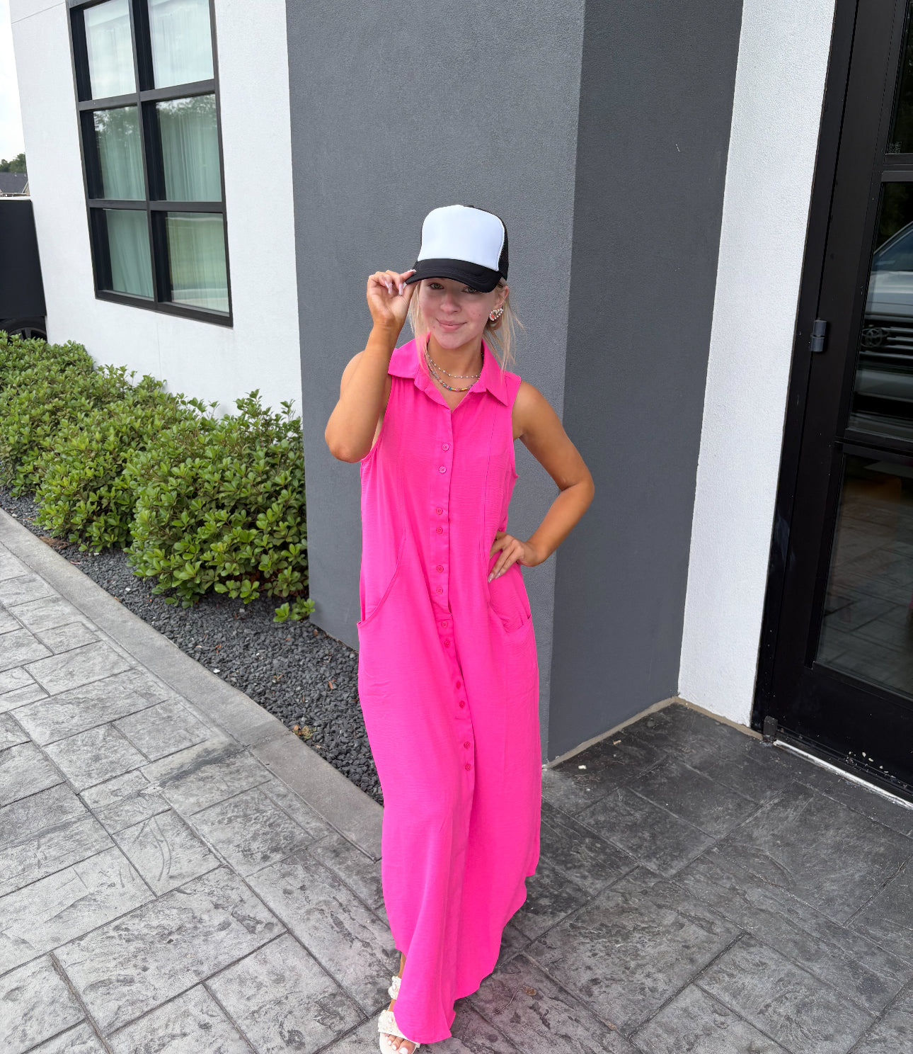 Bubblegum Pink Sleeveless Collared Maxi Dress with Button Front & Pockets