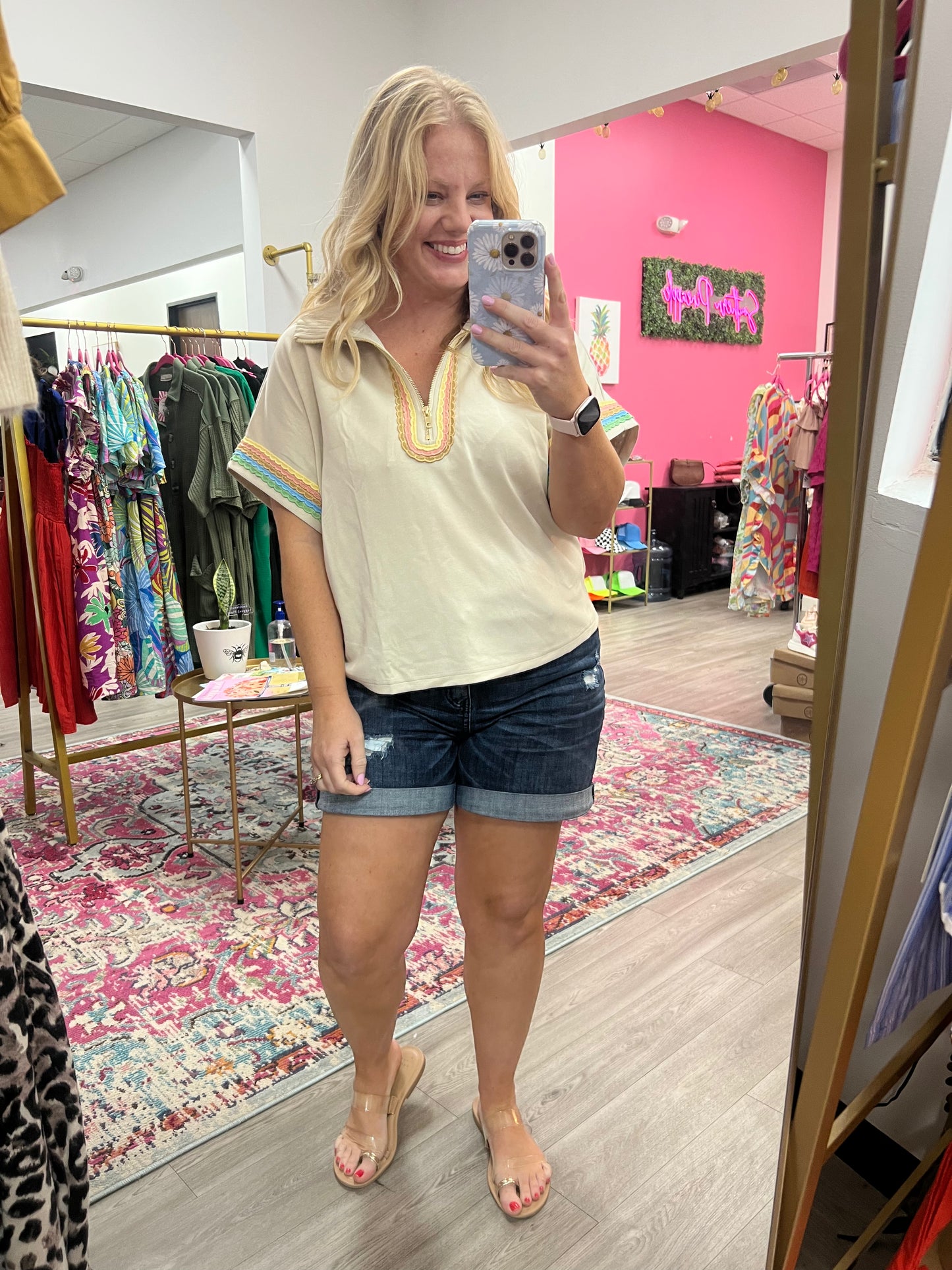 Tan Quarter Zip Polo Top with Rainbow Trim