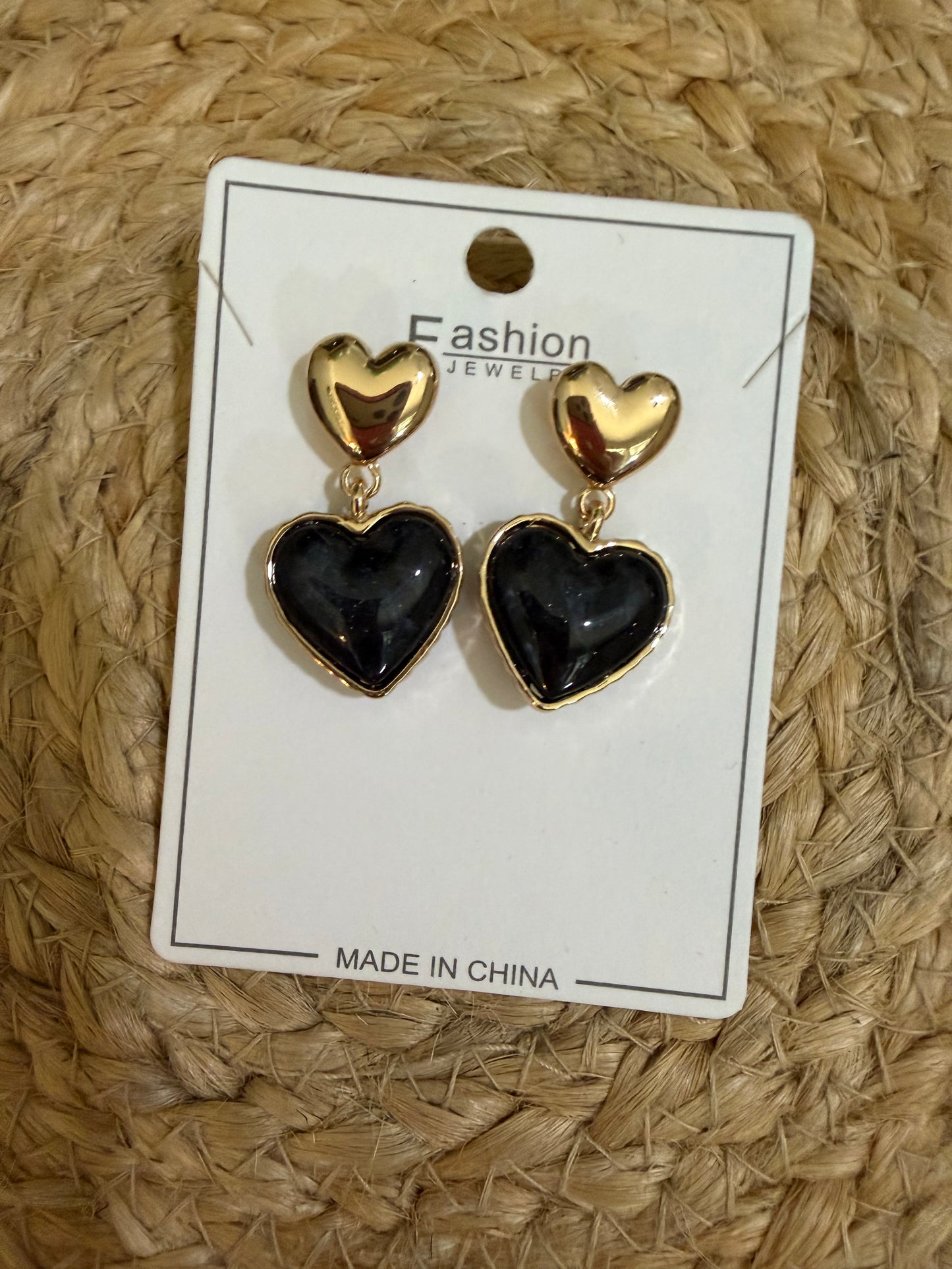 Black & Gold Double Heart Drop Earrings